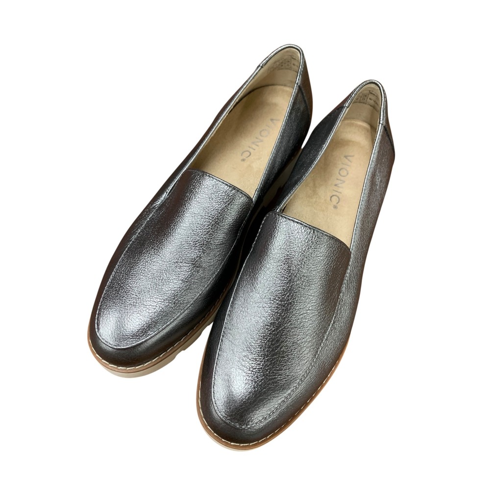 Vionic Kensley Metallic Silver Leather Platform Loafers‎ Size 6 Women's